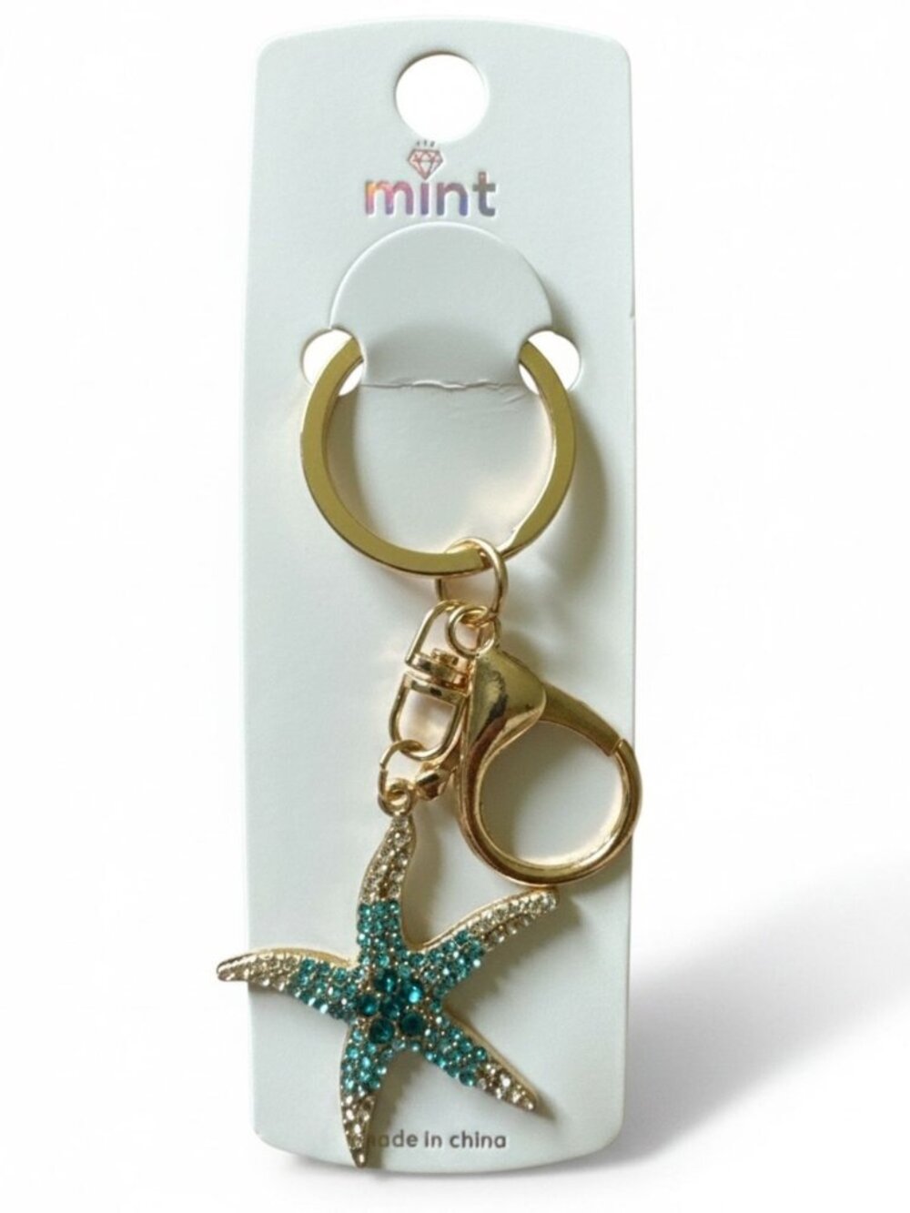 Mint Starfish Keychain Bag Charm Gold Tone Turquoise & Clear Crystals NWT